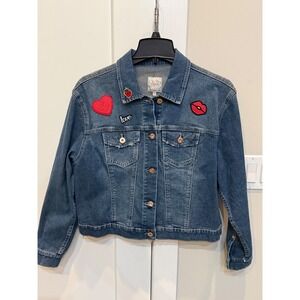 Vtg Y2K Candies Womens Medium Wash Denim Jean Jacket with Patches Size L